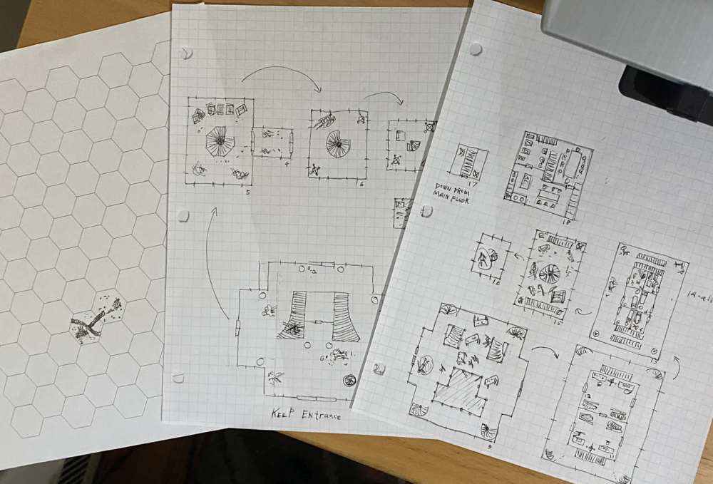 The beginning of my hex crawl map, and interiors of a keep (for Dungeon23)